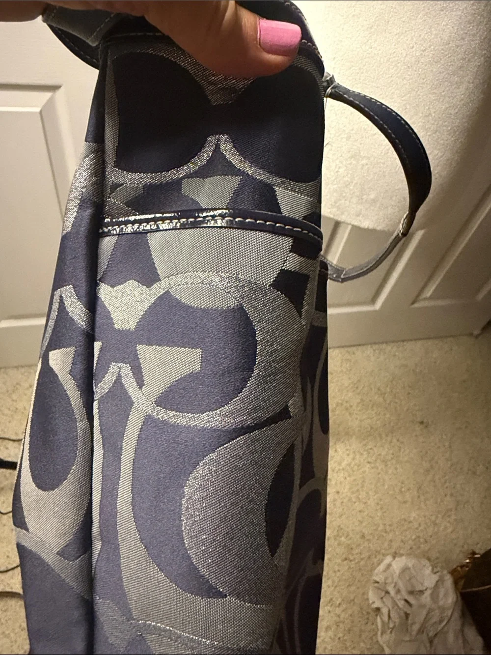 Coach Monogram Tote in Navy and Silver